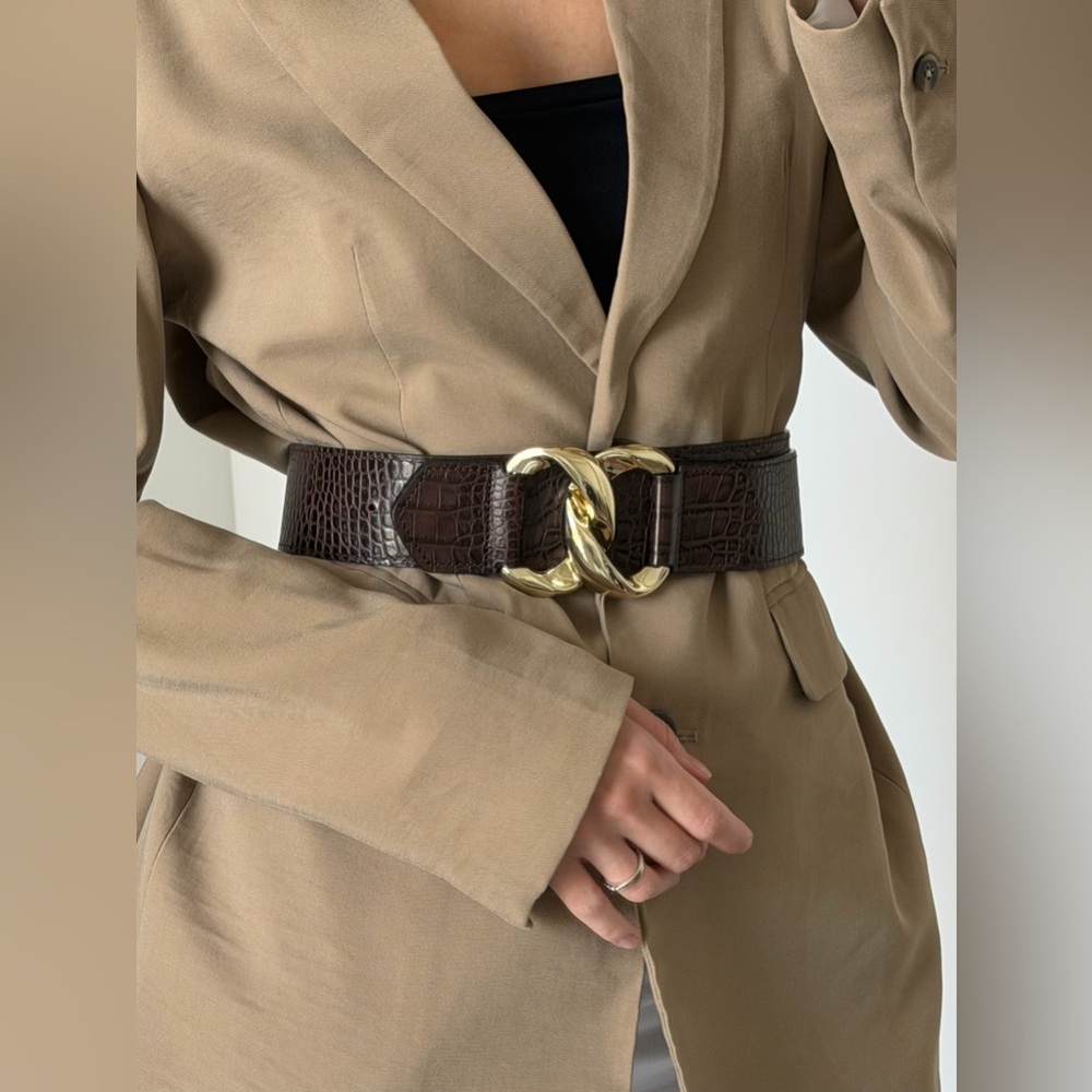 Zara Leather Brown Croc-Embossed Belt with Gold Buckle